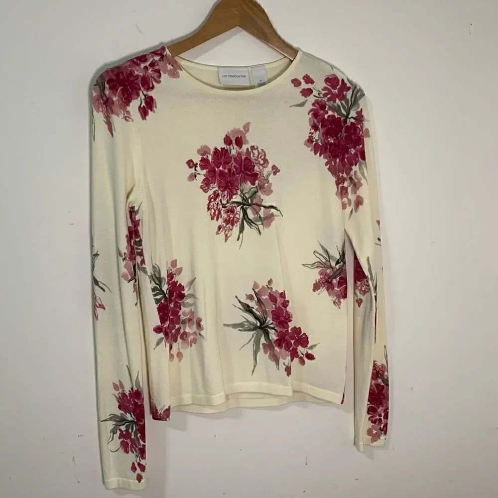 Liz Claiborne Pink Floral Cotton Rayon Knit Long Sleeve Pullover Sweater M
